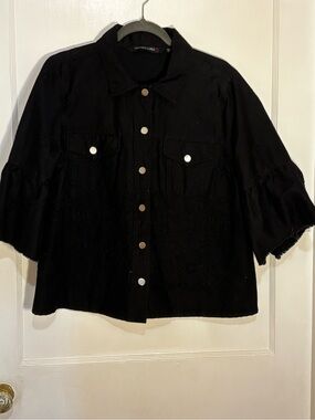 Colleen Lopez Black Button-Front Eyelet Shirt Jacket